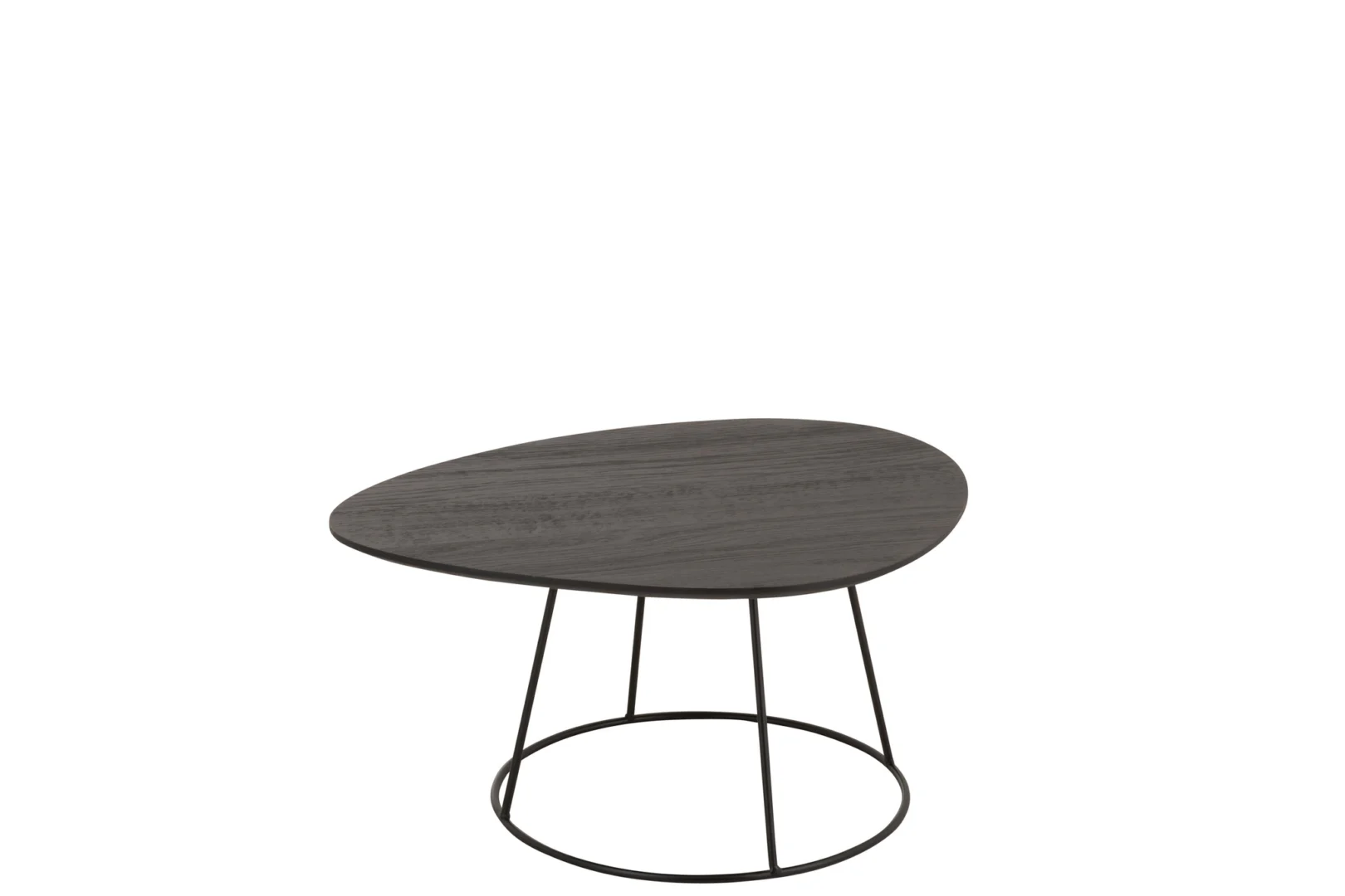 De Bijzettafel Bruin is een kleine, moderne bijzettafel met een ovaal donker houten blad (45 x 30 cm) en slanke zwart metalen poten die een ronde basis vormen. Op de foto staat het tafeltje op een effen witte achtergrond.