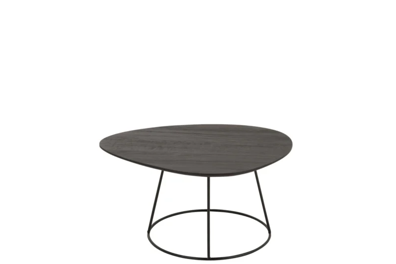 De Bijzettafel Bruin 45 x 30 CM Ovaal Metaal is een kleine, moderne salontafel met een donker, ovaal houten blad en slanke zwarte metalen poten die een ronde basis vormen, tegen een witte achtergrond.