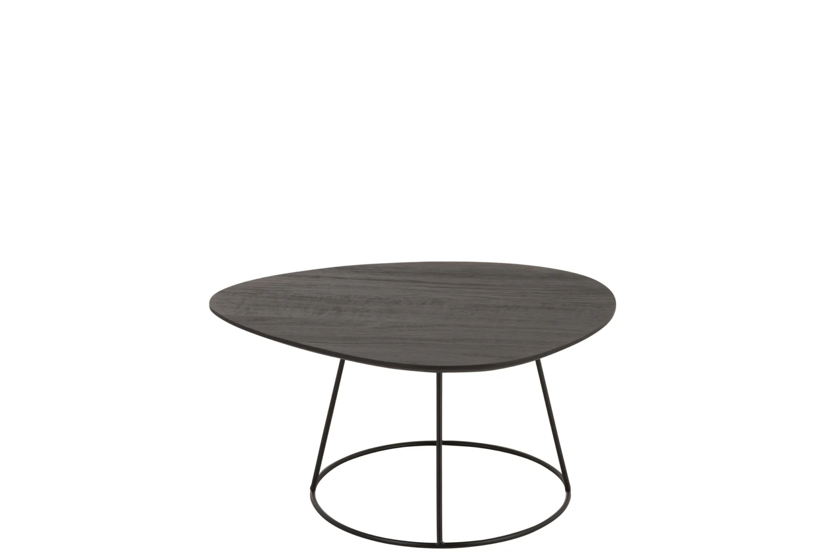 De Bijzettafel Bruin 45 x 30 CM Ovaal Metaal is een kleine, moderne salontafel met een donker, ovaal houten blad en slanke zwarte metalen poten die een ronde basis vormen, tegen een witte achtergrond.