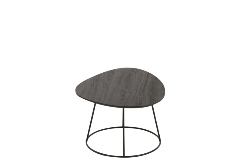De Bijzettafel Bruin is een kleine, minimalistische bijzettafel van 45 x 30 cm, met een ovaal donker houten blad en slanke zwarte metalen poten die een ronde basis vormen voor een moderne, eigentijdse look.