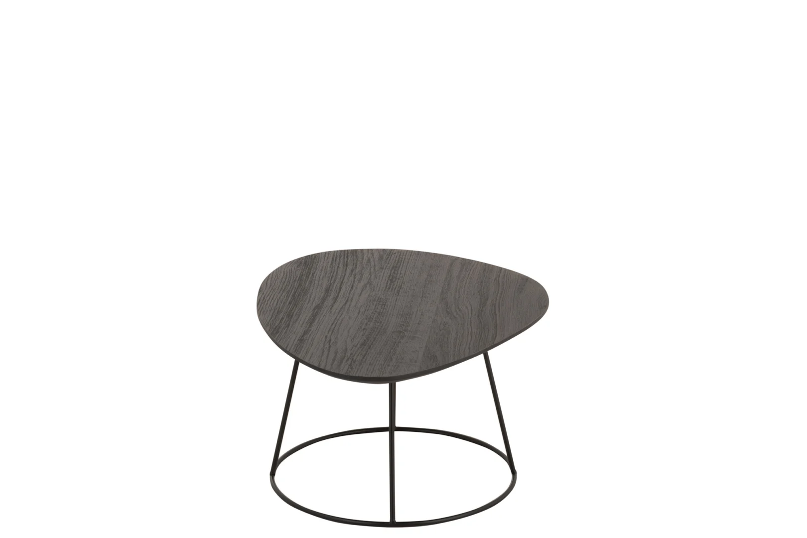 De Bijzettafel Bruin is een ovale, donkerhouten salontafel van 45 x 30 cm, met afgeronde hoeken en een slank zwart metalen frame met ronde voet. Afgebeeld tegen een effen witte achtergrond.