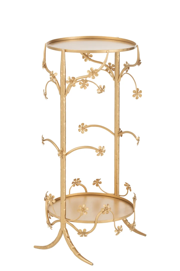 De Bijzettafel Goud 30 x 70 CM Metaal is een goudkleurige metalen standaard met twee ronde etages, voorzien van decoratieve bloemen- en wijnrankmotieven en gebogen poten voor een elegante, decoratieve uitstraling.