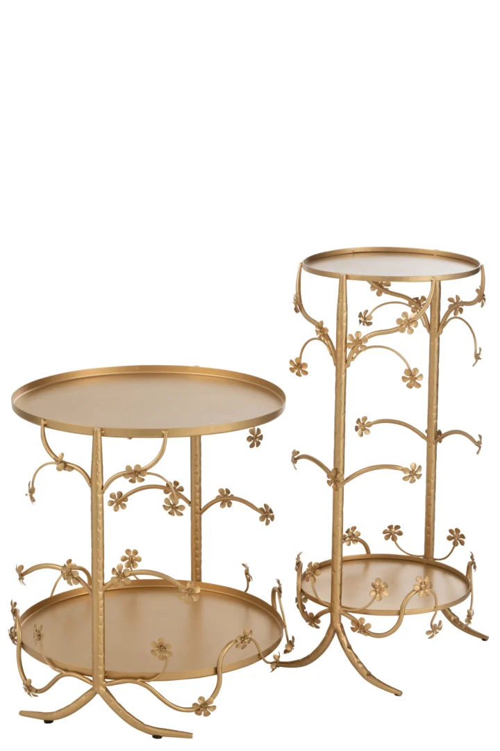 De Bijzettafel Goud 30 x 70 CM Metaal is een ronde gouden metalen bijzettafel met delicate bloemen- en wijnrankpatronen op de poten en zijkanten, hier tegen een witte achtergrond.