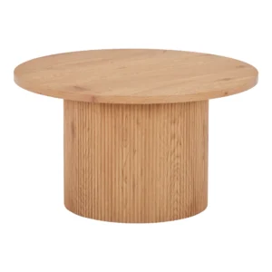 De Salontafel 80 x 80 CM Rond MDF Compact is een ronde salontafel met een glad, plat blad en een massief cilindrisch onderstel met een natuurlijke lichthouten afwerking en zichtbare nerfpatronen.