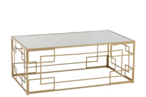 De Salontafel Goud Rechthoek Metaal is een rechthoekige salontafel met een glazen blad en een open goud metalen frame versierd met een geometrisch vierkant zijpatroon.