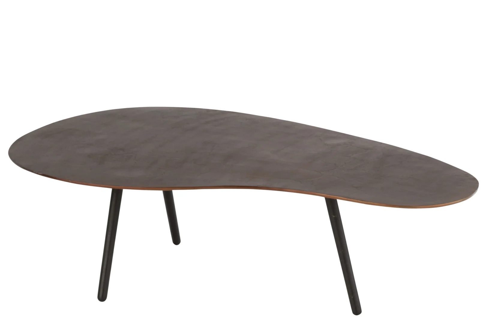 De Salontafel Bruin 72 x 36 CM Aluminium is een moderne salontafel met een onregelmatig, niervormig donker blad en drie slanke zwarte poten tegen een witte achtergrond.