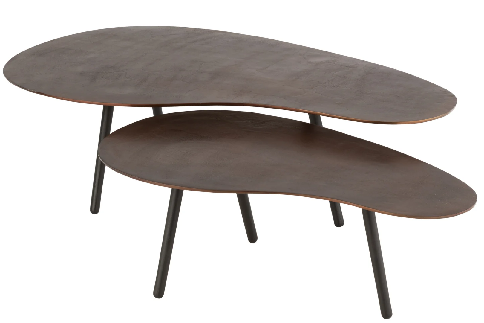 De Salontafel Bruin 72 x 36 CM Aluminium heeft twee overlappende, niervormige salontafels met donkerbruine bladen en zwarte schuine poten op verschillende hoogtes voor een stijlvolle gelaagde look.