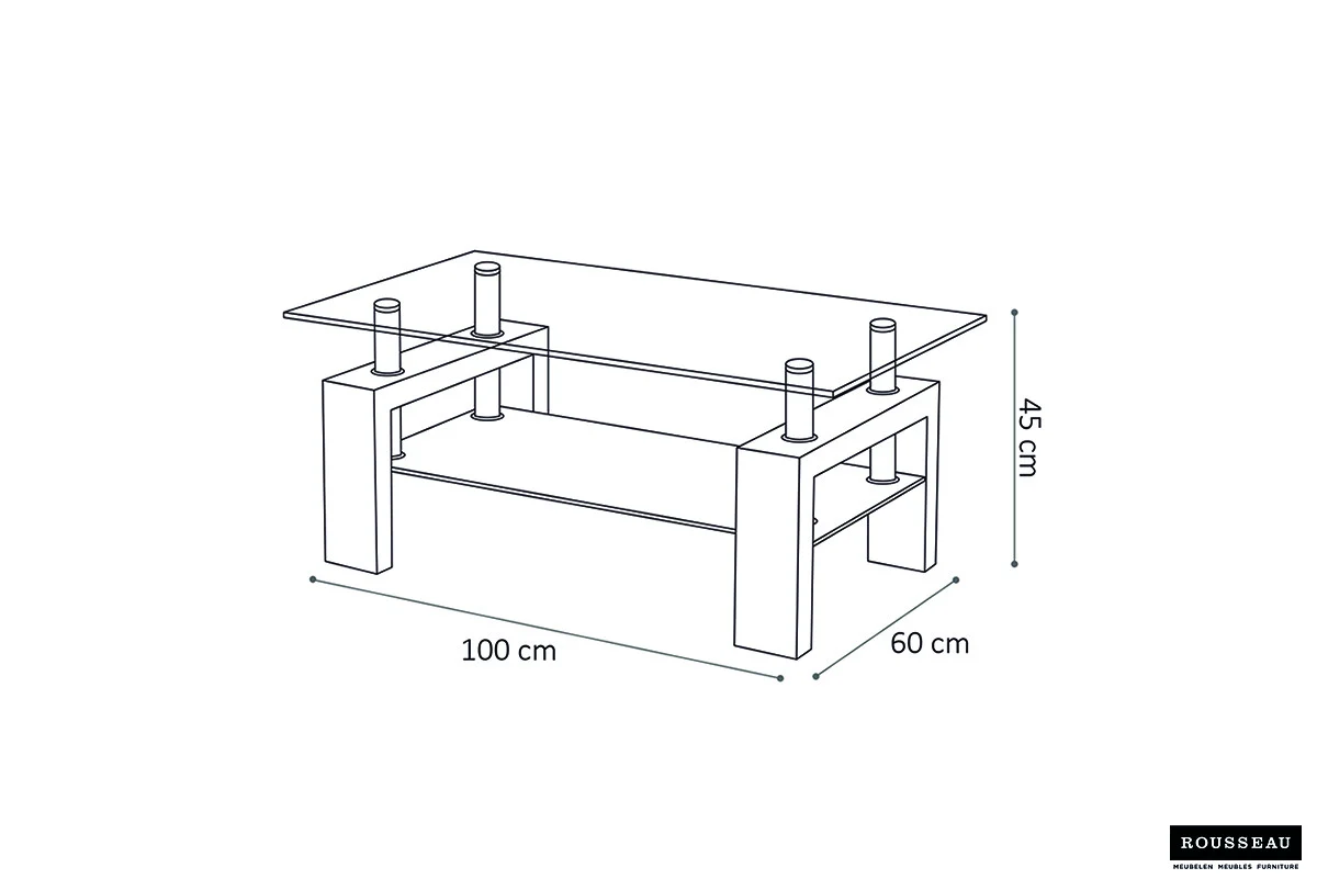 Lijntekening van de Salontafel Wit Design Modern, een rechthoekige glazen salontafel met een onderblad, afmetingen: 100 cm (L) x 60 cm (B) x 45 cm (H). Rousseau merklogo in de rechter benedenhoek.