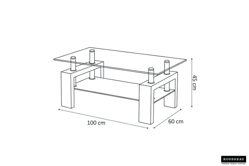 Lijntekening van Salontafel Zwart Tijdloos Design: een rechthoekige glazen salontafel (100x60x45 cm) met een onderplank en vier dikke poten. Roussea branding verschijnt in de rechter benedenhoek.