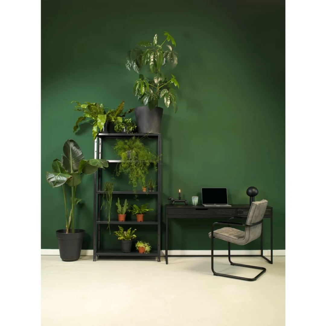 Een moderne werkruimte met een donker bureau, een laptop en de Werkleven Haven Eetkamerstoel - Vegan Leer Grijs tegen een groene muur. Op een hoge zwarte plank staan potplanten en vlakbij staat een grote plant op de lichte vloer.