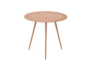 De Bijzettafel Bruin 41 CM Vierkant Ijzer is een lichtbruine, vierkante ijzeren bijzettafel met een glad blad en drie slanke poten, afgebeeld tegen een effen witte achtergrond.