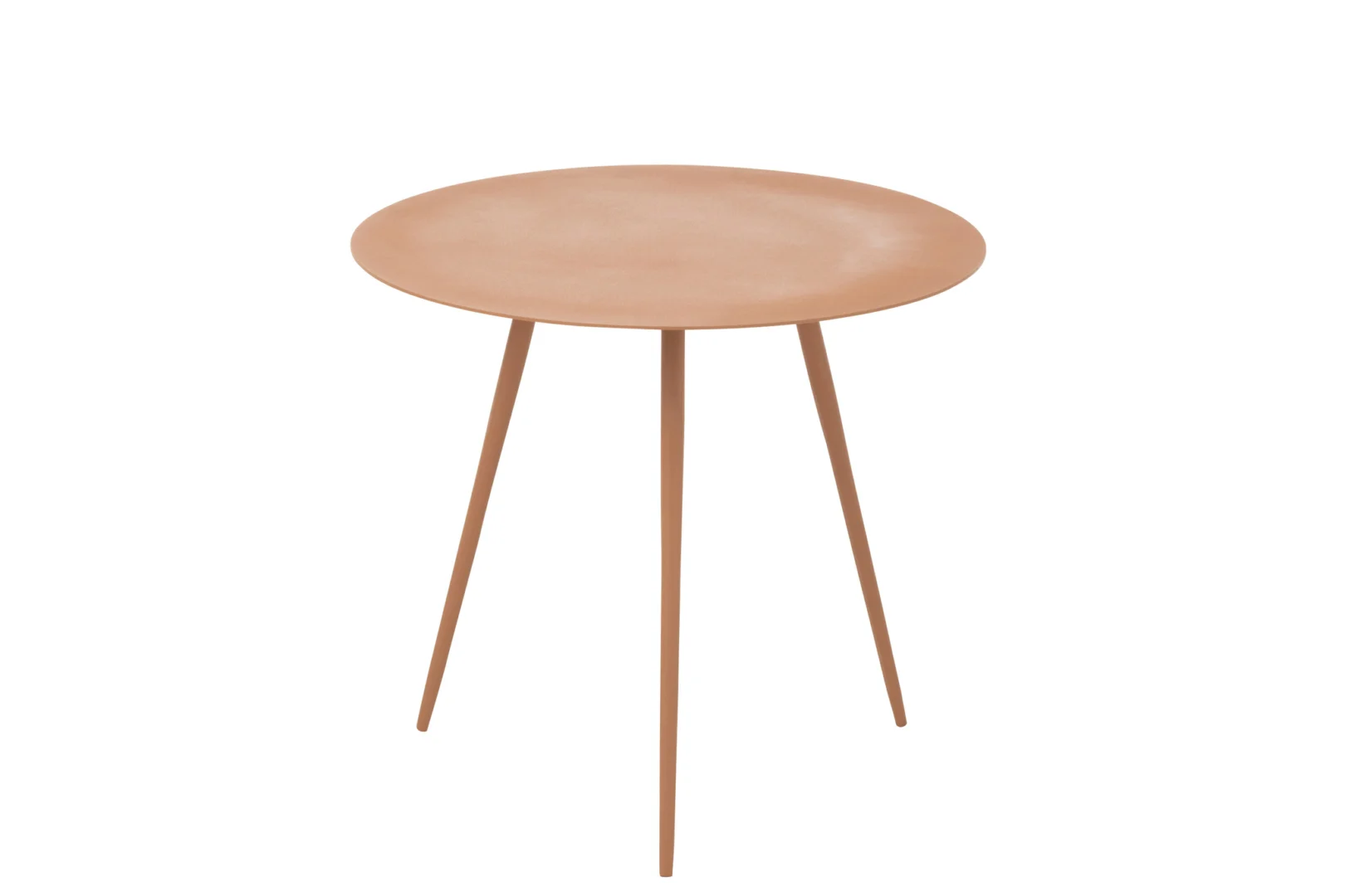 De Bijzettafel Bruin 41 CM Vierkant Ijzer is een lichtbruine, vierkante ijzeren bijzettafel met een glad blad en drie slanke poten, afgebeeld tegen een effen witte achtergrond.