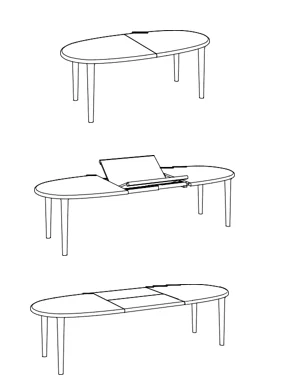 Driestappenschema van de SENTO TAFEL 210/300 EL21: eerst de tafel gesloten; ten tweede uit elkaar getrokken terwijl een blad wordt geplaatst; ten derde volledig uitgetrokken met het blad op zijn plaats.