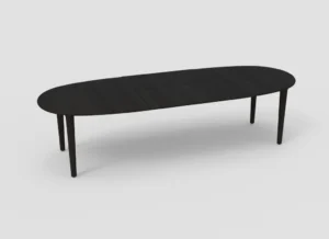 De SENTO TAFEL 210/300 EL55 is een moderne zwarte ovale eettafel met vier poten en een centraal uitschuifblad, afgebeeld tegen een effen witte achtergrond.