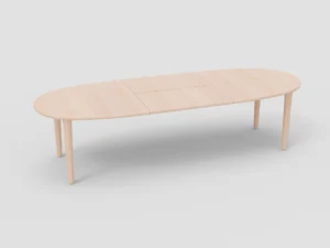 De SENTO TAFEL 210/300 WWM is een lichthouten, ovale eettafel met vier poten en uitschuifblad in het midden, tegen een effen witte achtergrond.