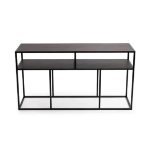 De Bijzettafel Zwart, Bruin (81 x 44 CM) heeft een modern ontwerp met een zwart metalen frame, donkere houten planken, een open rechthoekige structuur, twee horizontale vlakken en vier stevige poten.