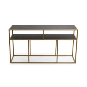 De Bijzettafel Zwart, Goud 81 x 44 CM Marmer is een chique, moderne consoletafel met een gouden frame en zwart marmeren planken, met een open, minimalistisch ontwerp.