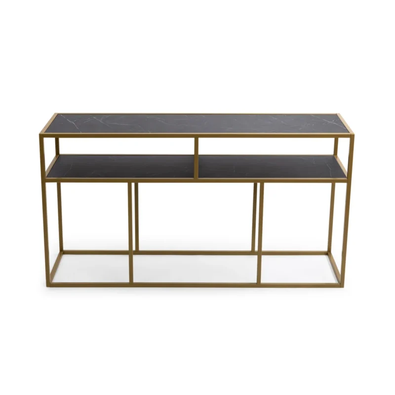 De Bijzettafel Zwart, Goud 81 x 44 CM Marmer is een chique, moderne consoletafel met een gouden frame en zwart marmeren planken, met een open, minimalistisch ontwerp.