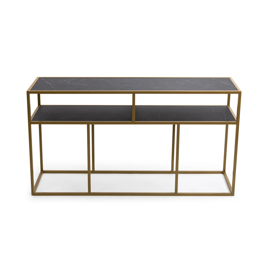 De Bijzettafel Zwart, Goud 81 x 44 CM Marmer is een chique, moderne consoletafel met een gouden frame en zwart marmeren planken, met een open, minimalistisch ontwerp.