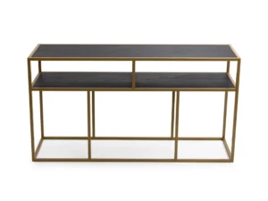 De Bijzettafel Zwart, Goud 81 x 44 CM Eikenhout Chique is een moderne consoletafel met een goud metalen frame, twee donker eiken planken en open zijkanten voor een minimalistische stijl.