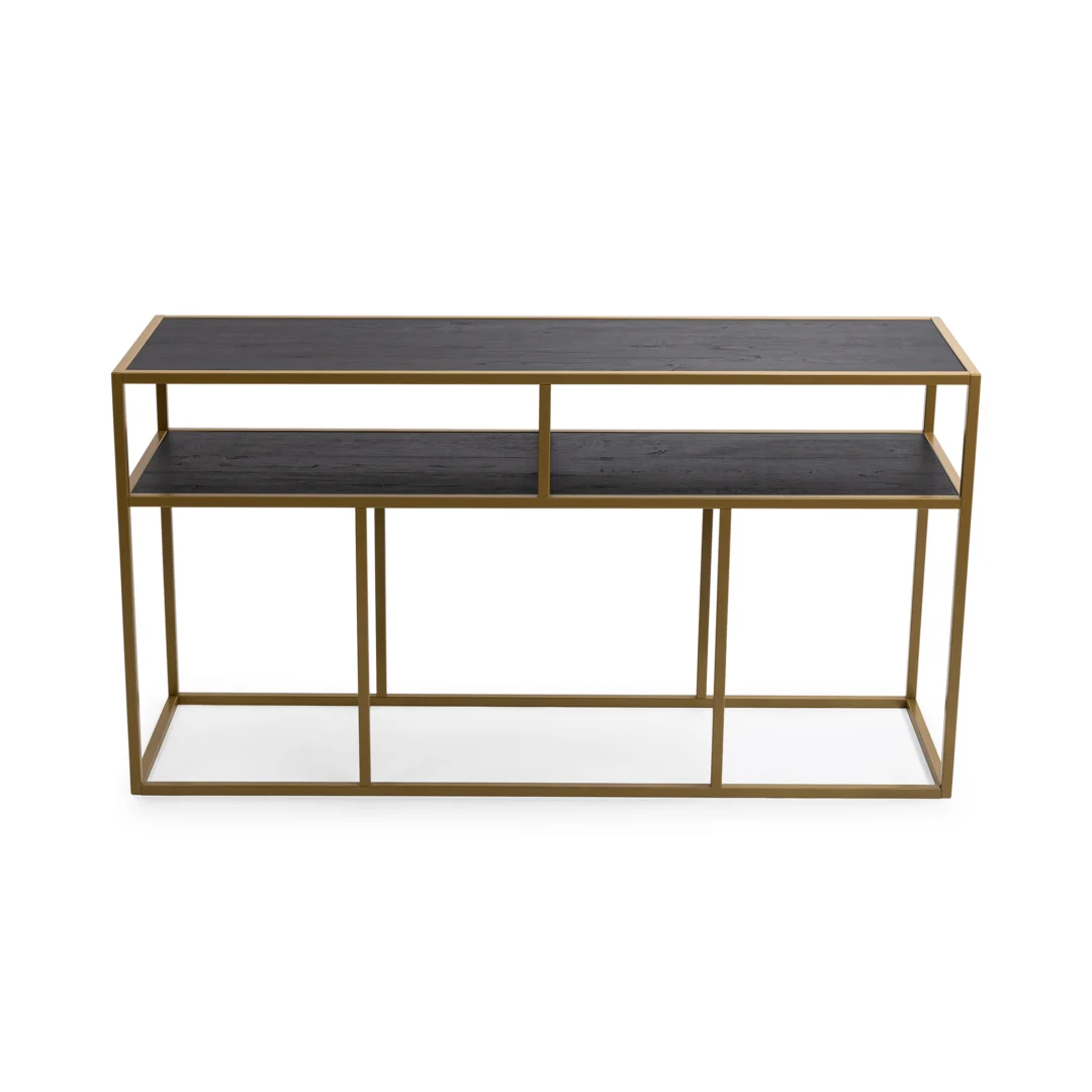 De Bijzettafel Zwart, Goud 81 x 44 CM Eikenhout Chique is een moderne consoletafel met een goud metalen frame, twee donker eiken planken en open zijkanten voor een minimalistische stijl.