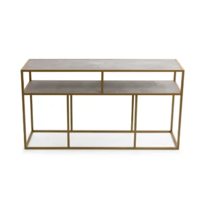 De Bijzettafel Goud 80 x 43 CM Metaal is een moderne consoletafel met een goud metalen frame, twee grijze rechthoekige vlakken, een open ontwerp, een onderste plank en geen gesloten zij- of achterkant.