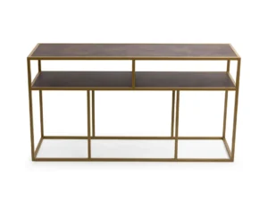 De Bijzettafel Bruin, Goud 81 x 44 CM Design is een moderne consoletafel met een goud metalen frame, twee donkerhouten planken en twee open vakken, getoond vanaf de voorkant.
