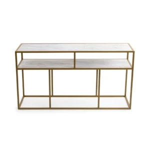 De Bijzettafel Goud, Wit 81 x 44 CM Marmer is een chique, moderne consoletafel met een gouden frame en twee wit marmeren planken, met een minimalistisch open ontwerp.