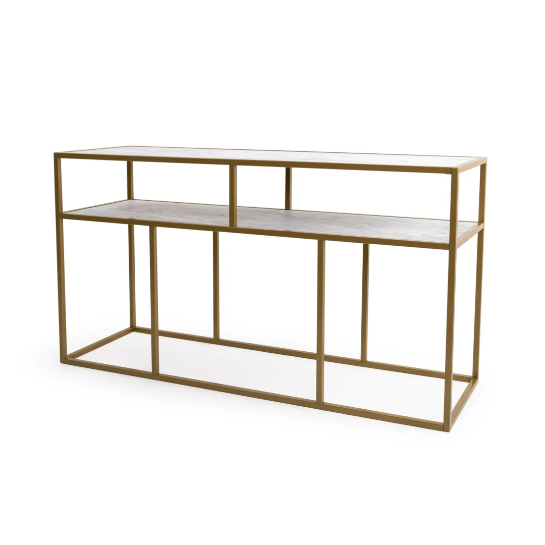 De Bijzettafel Goud, Wit 81 x 44 CM Marmer is een chique consoletafel met een gouden frame en een marmeren plank, met open vakken voor opslag of display, tegen een effen witte achtergrond.