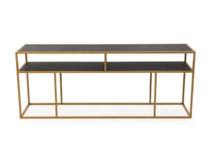 De Bijzettafel Zwart, Goud 81 x 44 CM Marmer heeft een goud metalen frame, twee zwart marmeren planken en een open minimalistisch ontwerp.
