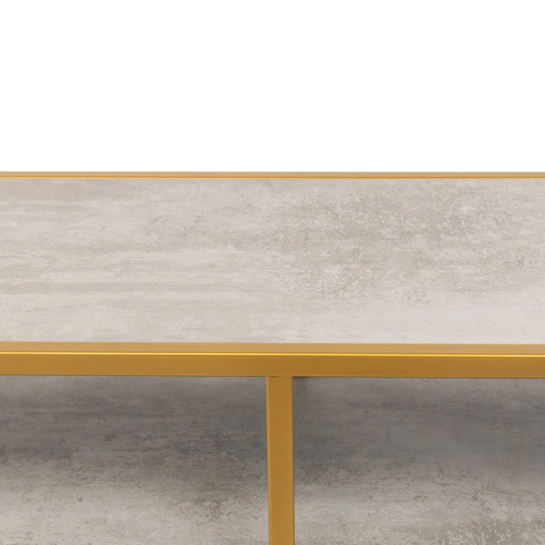 Een close-up van de Bijzettafel Goud 81 x 44 CM Beton, met een rechthoekig lichtgrijs betonnen blad met een goud metalen frame, tegen een effen witte achtergrond.
