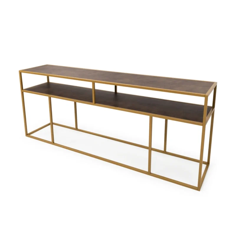 De Bijzettafel Bruin, Goud 81 x 44 CM Chique is een moderne consoletafel met een goud metalen frame, donker houten planken, twee verdiepingen en een open rechthoekig ontwerp.