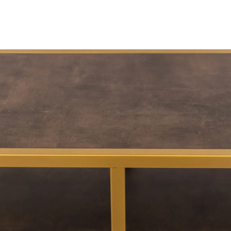Een close-up van de Bijzettafel Bruin, Goud 81 x 44 CM Chique rechthoekige tafel met een donkerbruin blad en geelgouden metalen randen en frame, tegen een witte achtergrond.