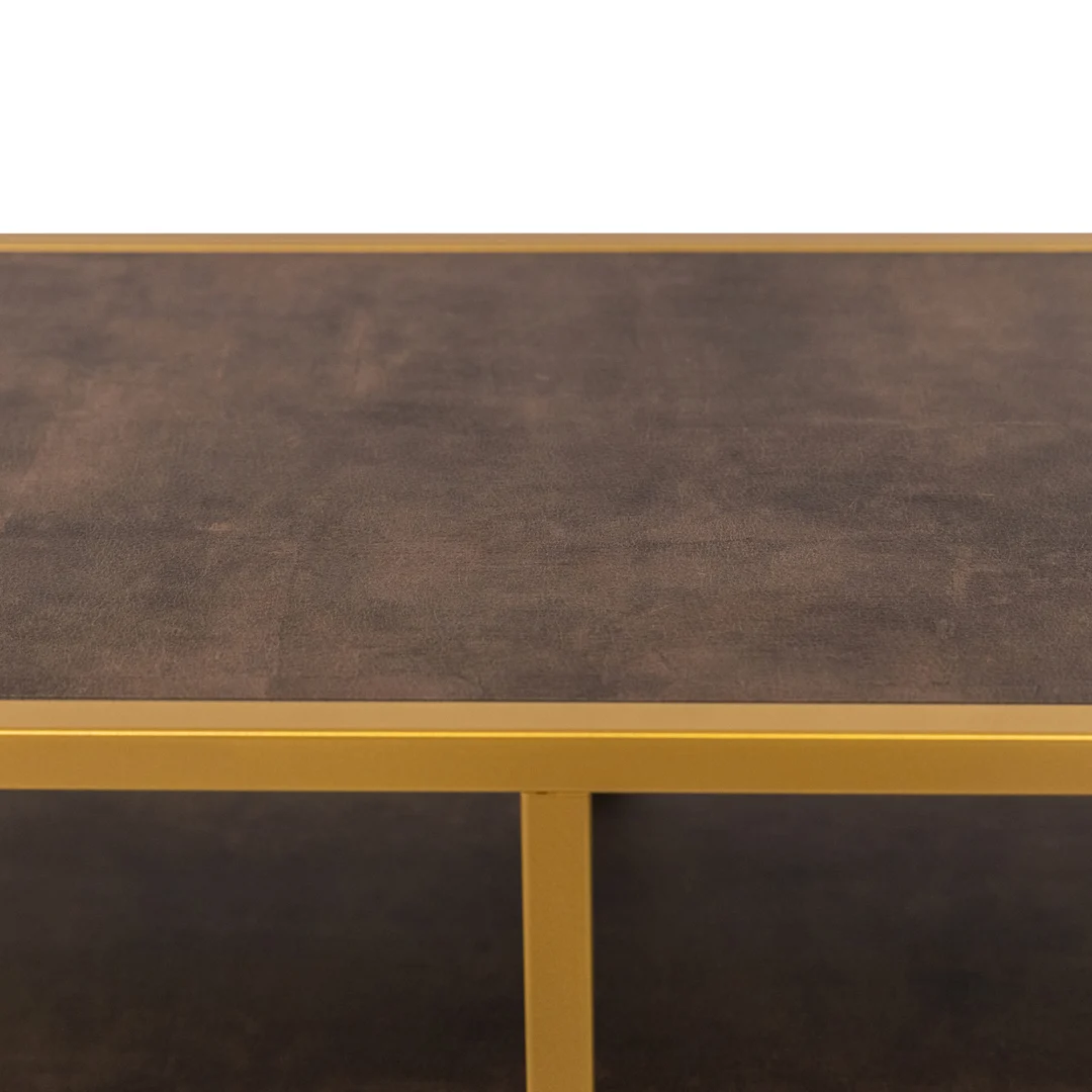 Een close-up van de Bijzettafel Bruin, Goud 81 x 44 CM Chique rechthoekige tafel met een donkerbruin blad en geelgouden metalen randen en frame, tegen een witte achtergrond.