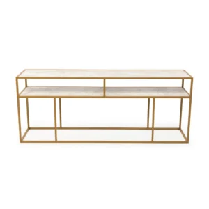 De Bijzettafel Goud, Wit (81 x 44 cm) heeft een modern goud metalen frame, wit marmeren blad en plank, en twee open planken, tegen een effen witte achtergrond.