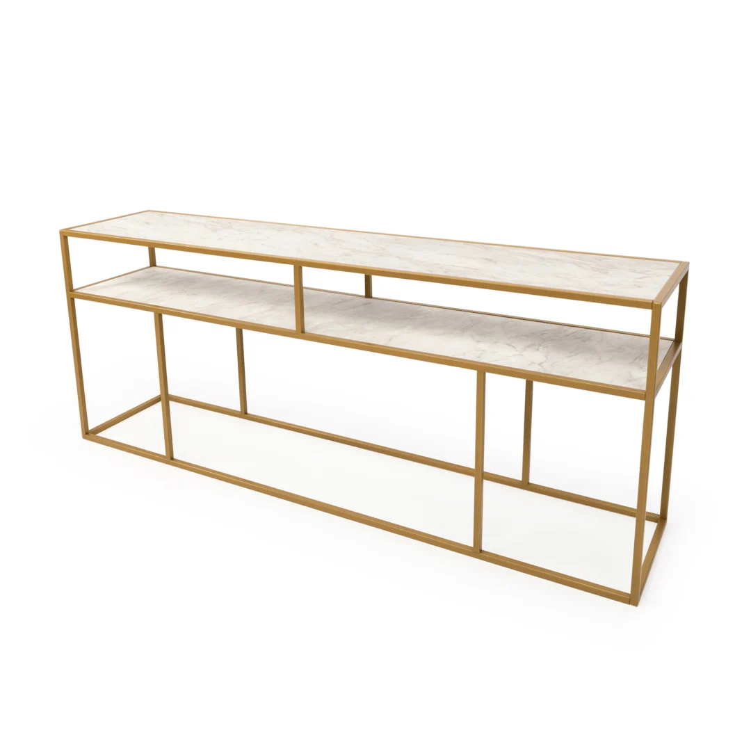 De Bijzettafel Goud, Wit 81 x 44 CM Marmer is een moderne consoletafel met een goud metalen frame en twee wit marmeren planken in een open, minimalistisch ontwerp.