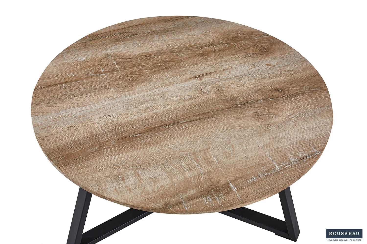 De Salontafel Design Tijdloos is een ronde houten tafel met een lichtbruine, natuurlijke houtnerfafwerking, zwarte metalen poten en zichtbare houtstructuur en knoesten, van bovenaf gezien.
