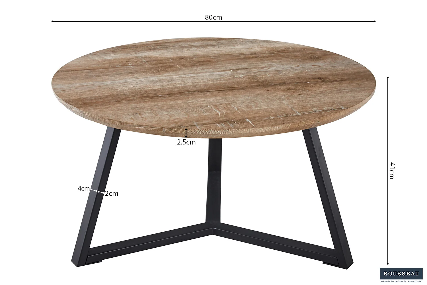 Salontafel Design Tijdloos: ronde houten salontafel met zwart metalen poten, tafelblad diameter 80 cm, dikte 2,5 cm, hoogte 41 cm, pootbreedte 4 cm. Het merklogo van Rousseau staat rechtsonder.