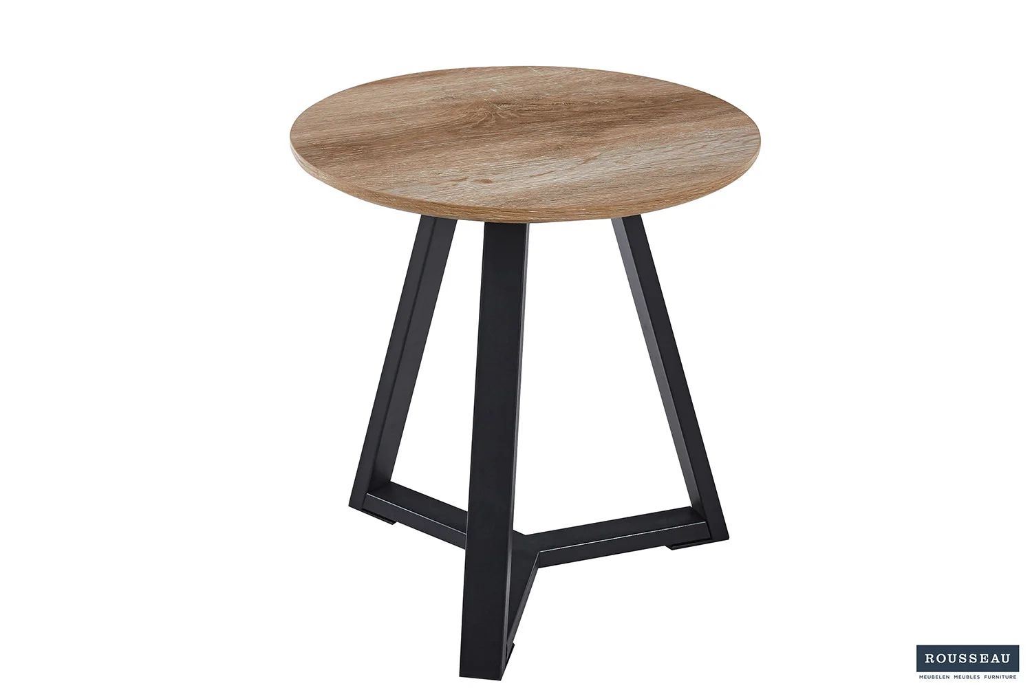 De 'Paso 2' Decor Oud Eiken bijzettafel heeft een klein, rond licht houten blad en drie zwart metalen poten in een driehoekige basis.