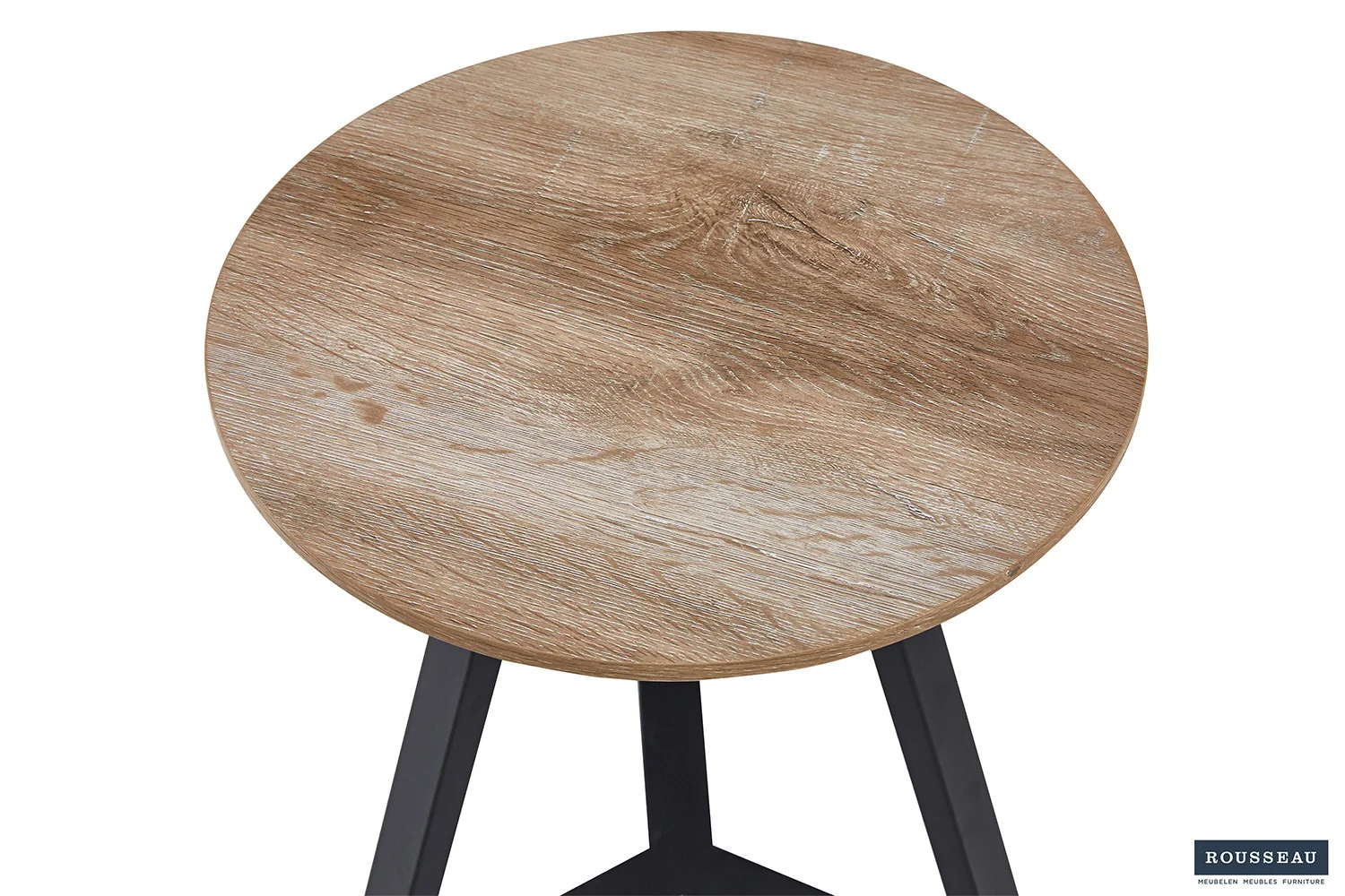 De Bijzettafel 'Paso 2' Decor Oud Eiken heeft een rond houten tafelblad met een natuurlijk nerfpatroon en zwarte metalen poten, van bovenaf gezien op een witte achtergrond.