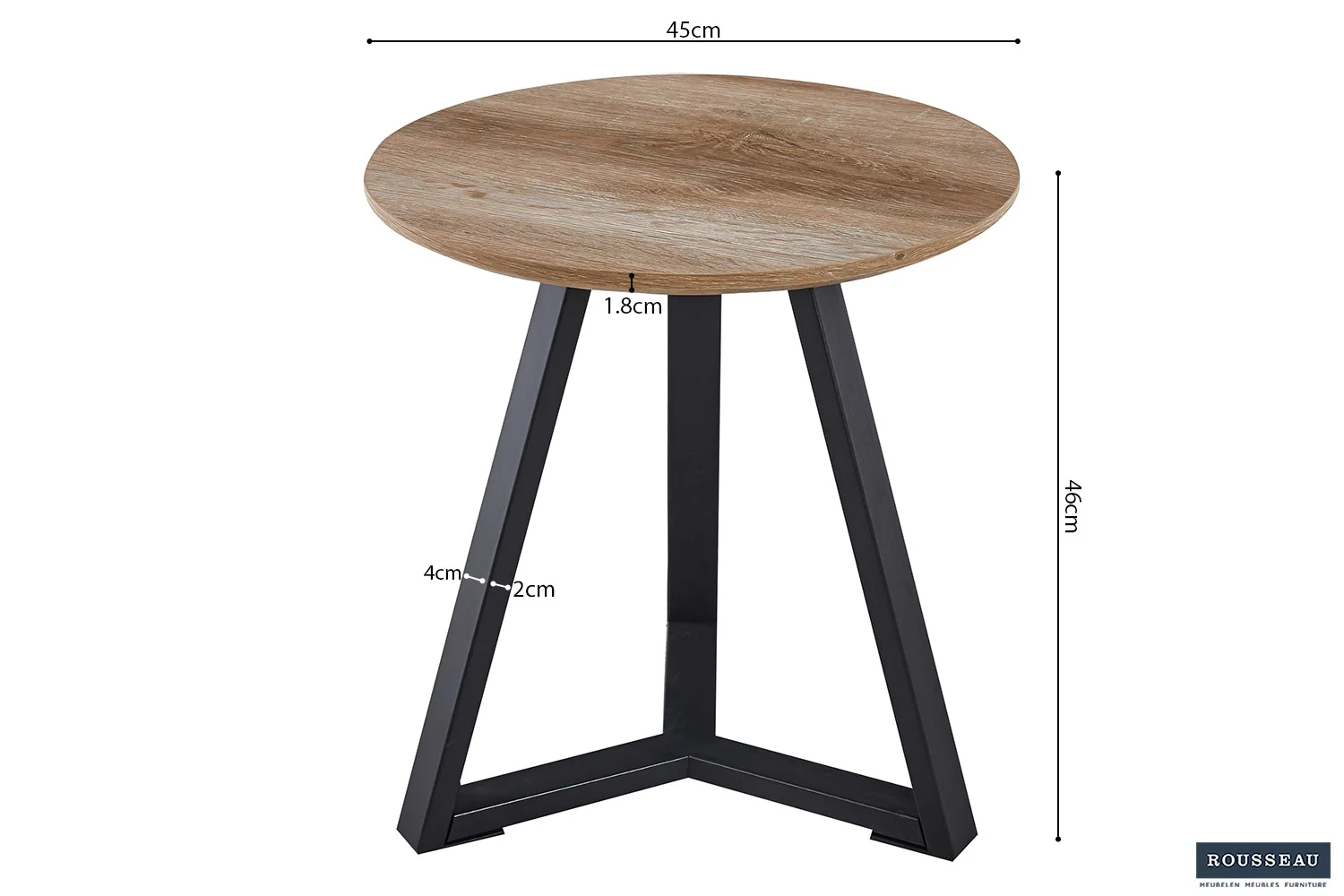 De Bijzettafel 'Paso 2' Decor Oud Eiken heeft een rond houten tafelblad (45cm diameter) met zwart metalen poten (hoogte 42cm, breedte 4cm); totale tafelhoogte is 46cm. Het merk Rousseau staat rechtsonder.