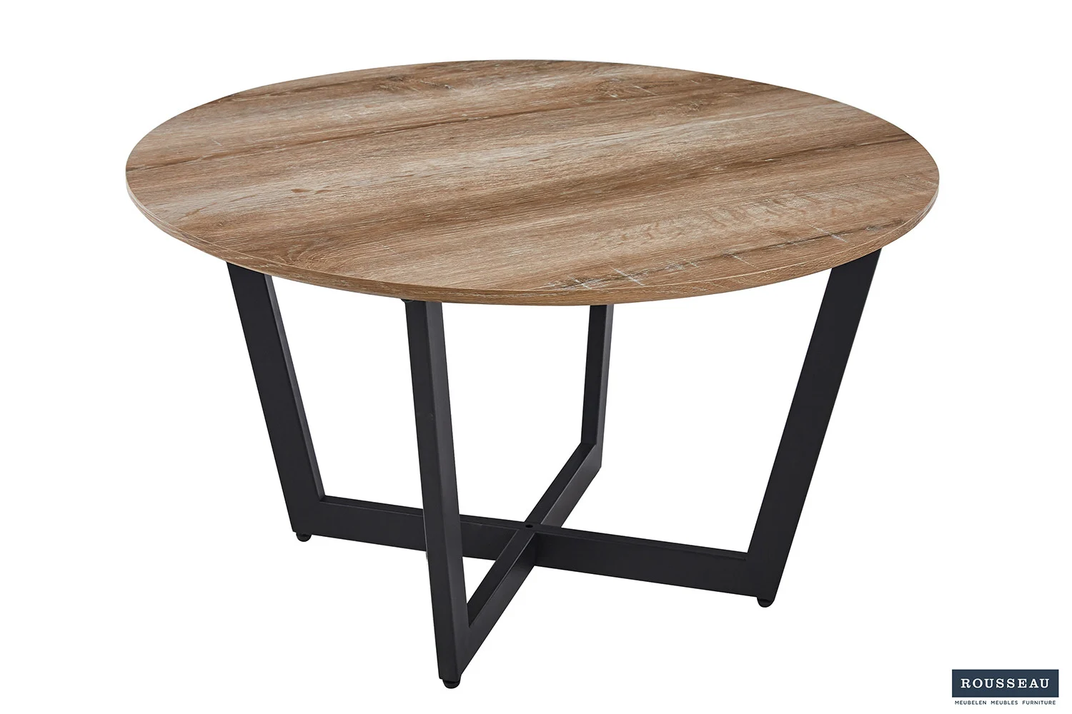 De Salontafel Compact Klassiek heeft een rond houten blad in lichtbruin met zwart metalen poten in een modern kruisend ontwerp.