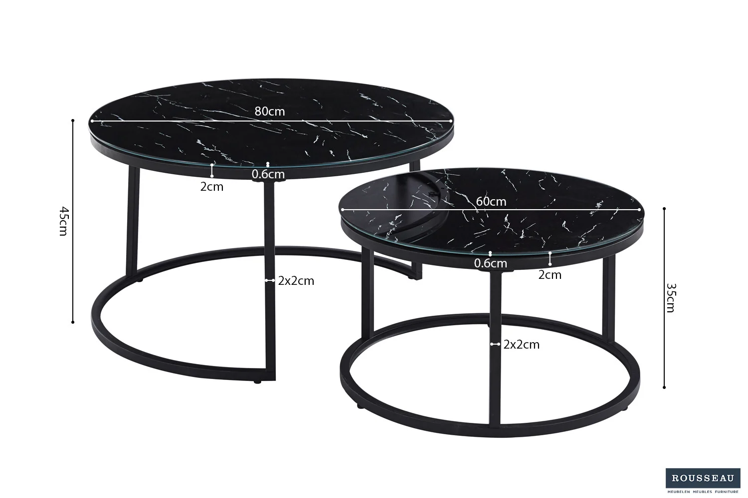 De set Salontafel Zwart, Roest Marmer bestaat uit twee ronde nesttafels met zwart marmeren blad en metalen onderstel - de ene 80 cm breed/45 cm hoog, de andere 60 cm breed/35 cm hoog - met afmetingen in witte tekst.