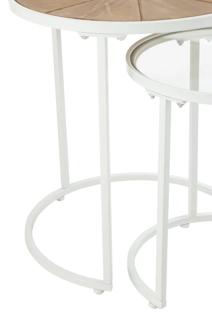 De Bijzettafel Wit 50 x 56 CM Multiplex bestaat uit twee geneste ronde tafels met een wit metalen onderstel; de ene heeft een houten multiplex blad, de andere een glazen blad, beide gedeeltelijk zichtbaar.