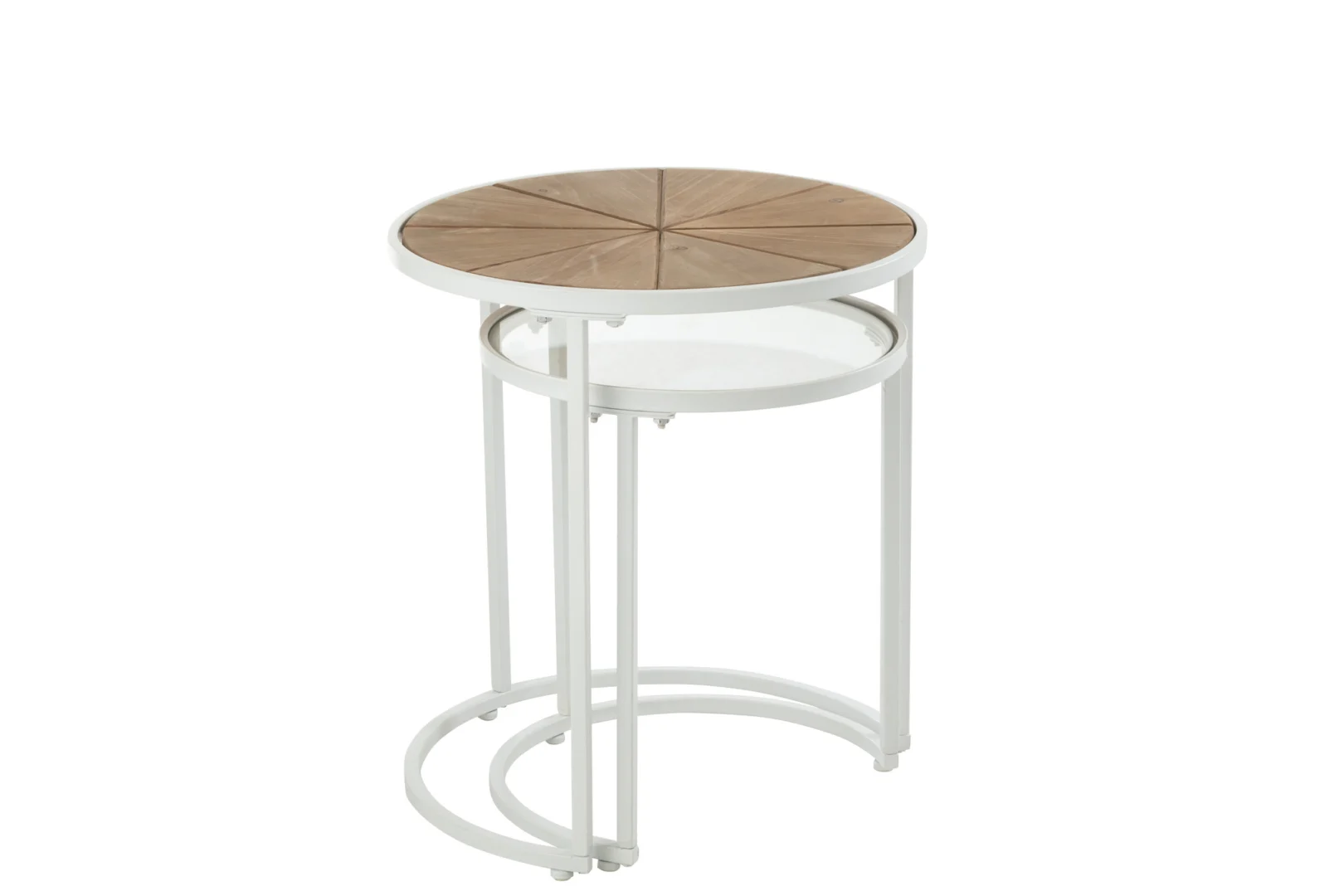 De Bijzettafel Wit 50 x 56 CM Multiplex is een moderne bijzettafelset met witte metalen frames; de grotere tafel heeft een rond blad met houtstructuur en de kleinere daaronder heeft een rond glazen blad.
