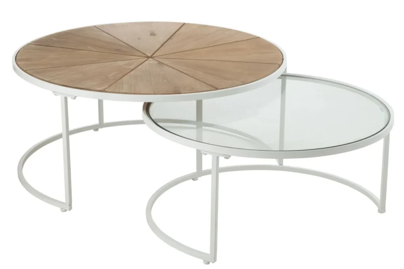 Set van 2 bijzettafels Relax: ronde tafels met wit metalen frame; één met houten zonpatroon blad, één met helder glazen blad.