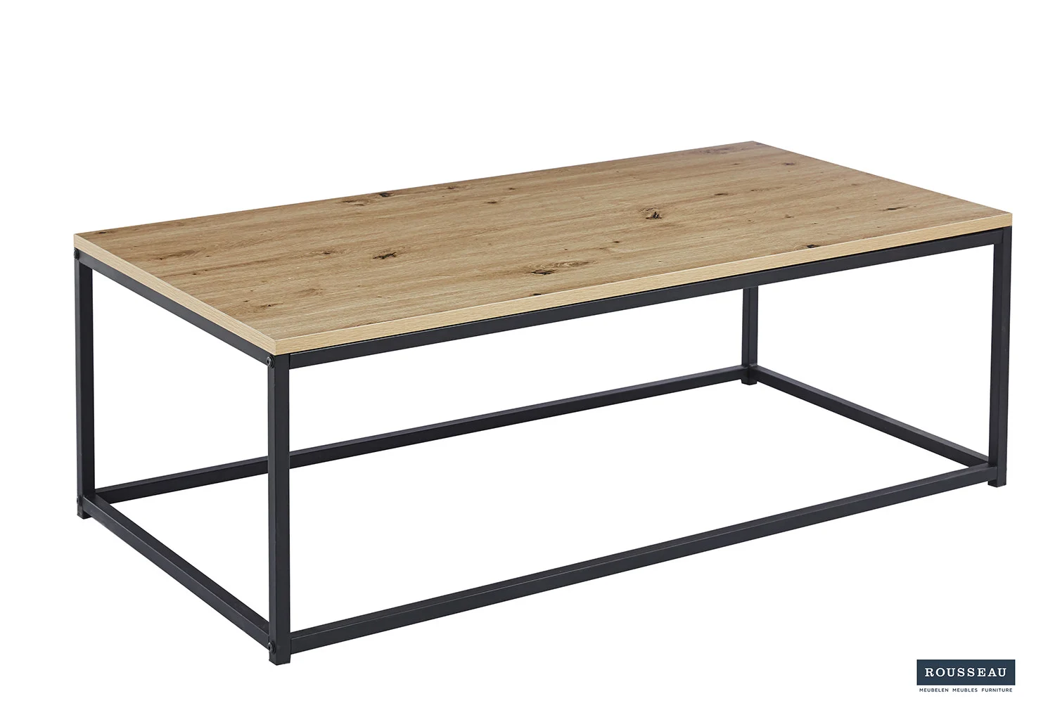 De Salontafel is een rechthoekige salontafel met een licht houten blad en een zwart metalen frame met een minimalistisch industrieel ontwerp.