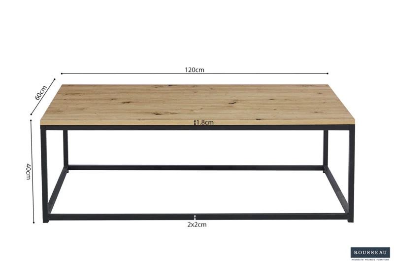 Salontafel met rechthoekig houten blad en zwart metalen frame, 120x60x40 cm, 2x2 cm lijst. Merklogo Rousseau rechtsonder.