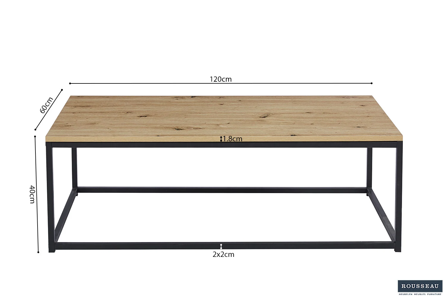Salontafel met rechthoekig houten blad en zwart metalen frame, 120x60x40 cm, 2x2 cm lijst. Merklogo Rousseau rechtsonder.