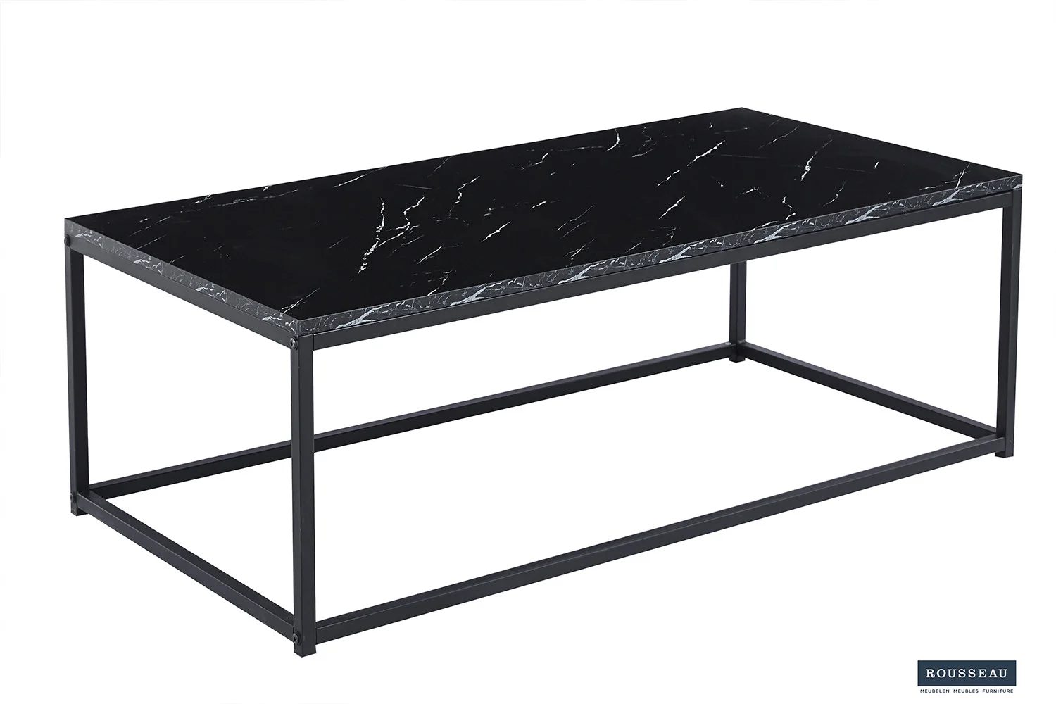 De Salontafel Zwart Marmer Industrieel heeft een rechthoekig zwart marmeren blad en een minimalistisch zwart metalen onderstel, tegen een witte achtergrond met rechtsonder het logo van het merk Rousseau.